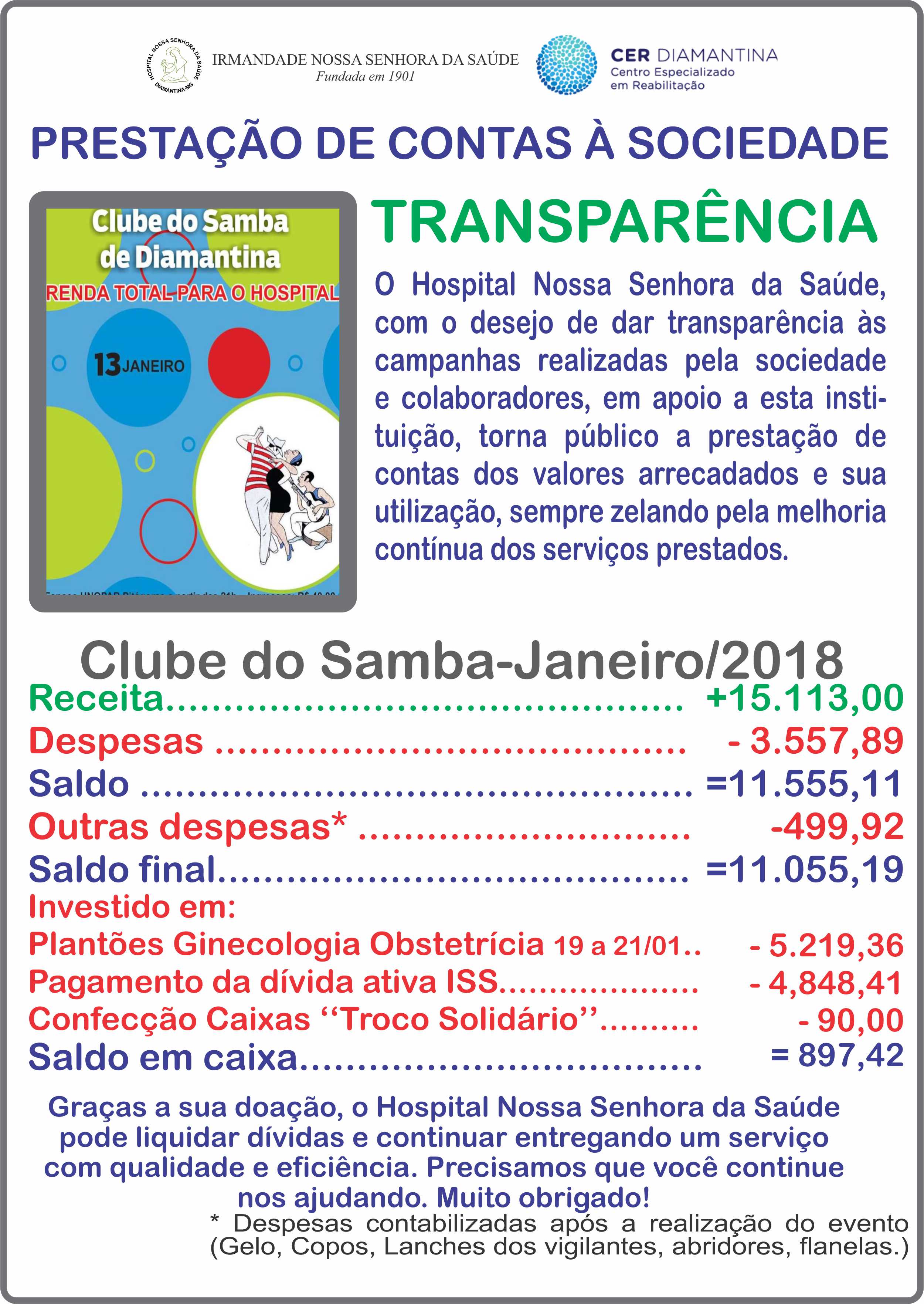 Prestação pública de contas, dos valores arrecadados com o evento "Clube do Samba de Diamantina" e sua utilização.